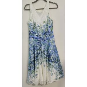 Danny and Nicole Dress Womens 12 Sleeveless Floral Lace Blue/White Belted Dress